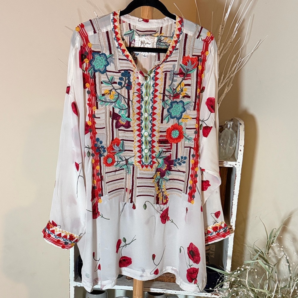 NWOT Johnny Was 2X 100% Silk GORGEOUS Embroidered Tunic/Dress/Coverup w/Poppies!